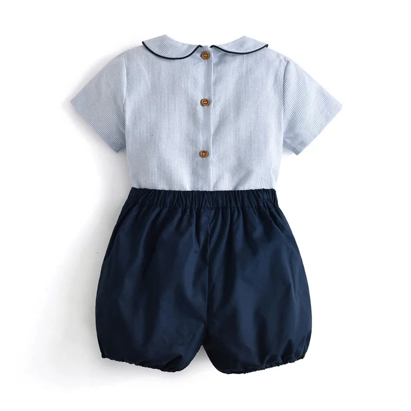 Clibeso Baby Spanish Clothes Set Boys Summer Outfits Children Boutique Clothing Shirts Navy Bloomers Peter Pan Collar