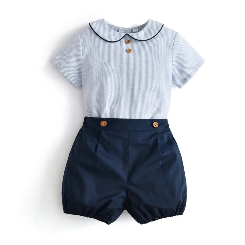 Clibeso Baby Spanish Clothes Set Boys Summer Outfits Children Boutique Clothing Shirts Navy Bloomers Peter Pan Collar
