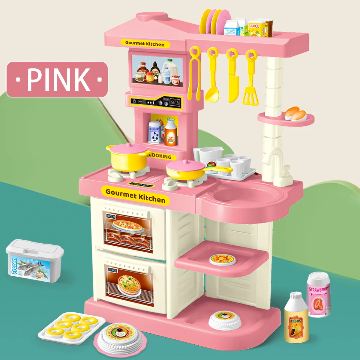 Kids Play Kitchen Accessories, Playset Toys Kitchen Foods Pans Milk Pots Breads Fork for Kid 3+ Boys and Girls